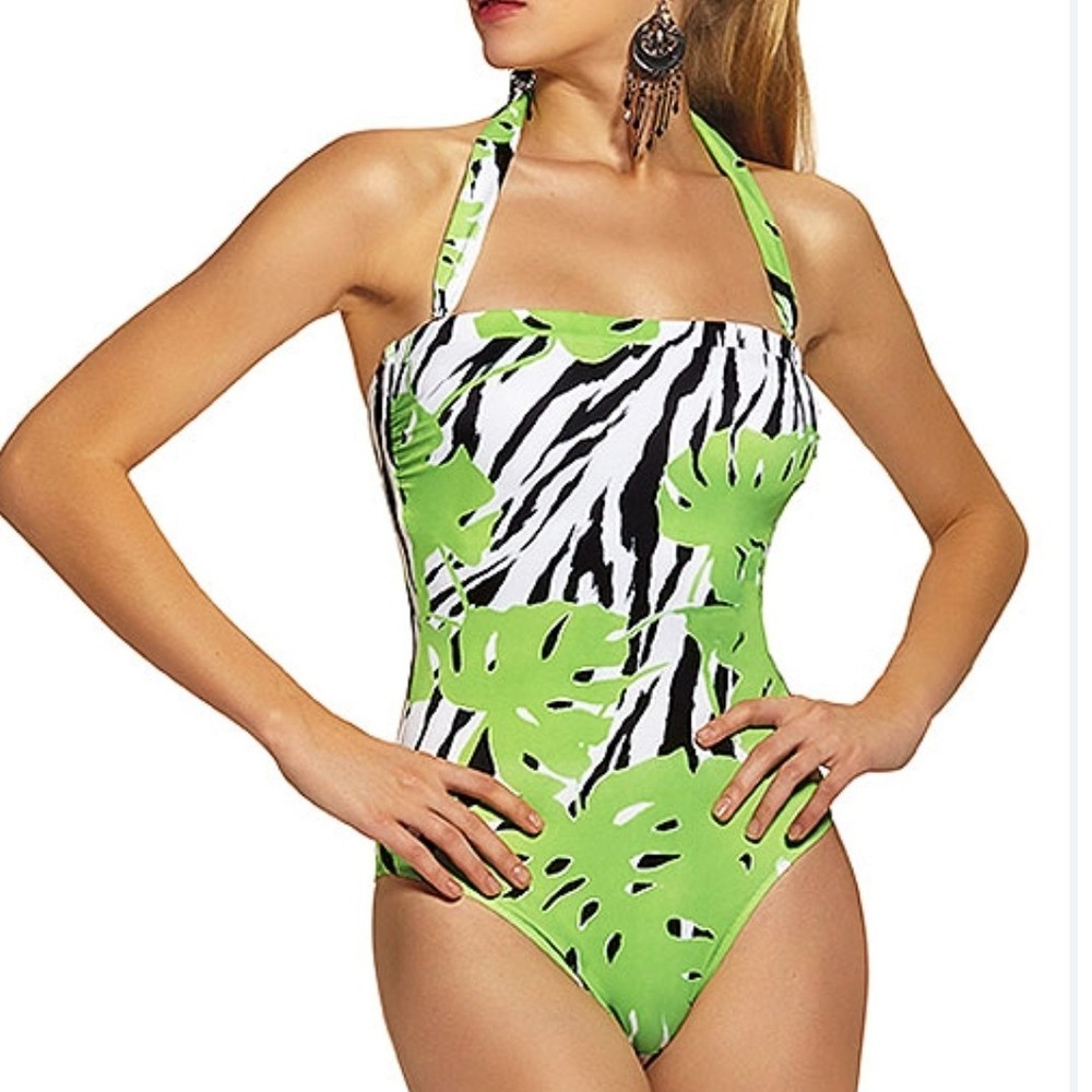 NWOT Roidal Bandeau Strapless One Piece Swimsuit Zebra Palm Leaf Green 12 B cup